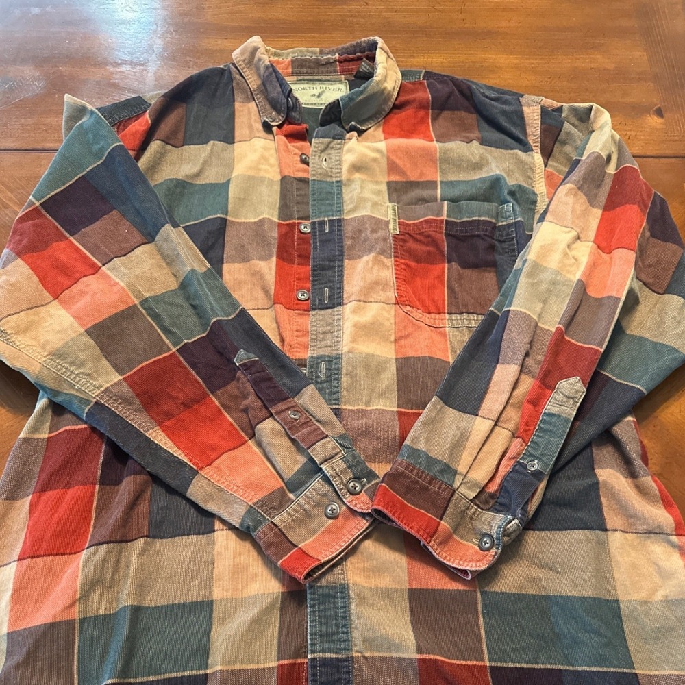 North River Corduroy Shirt Mens Large Multicolor Excellent Patchwork Block Long